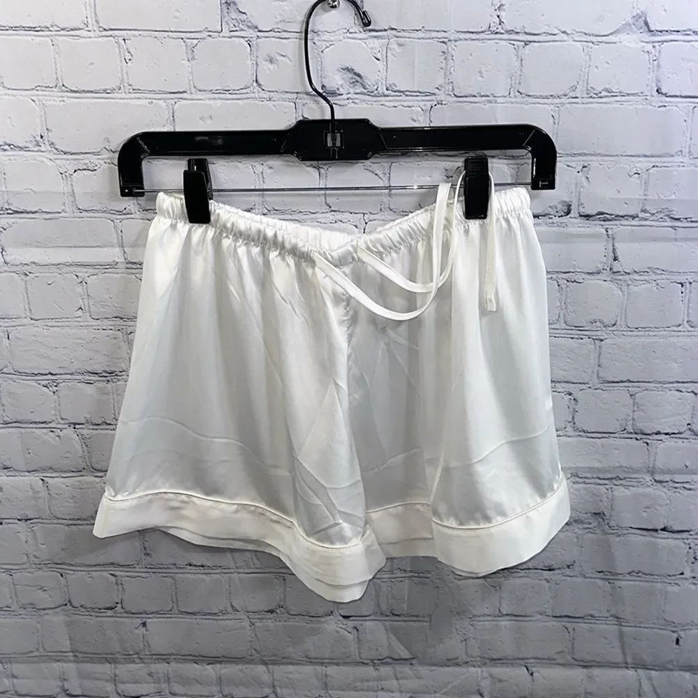 ✨ White Satin Pajama Set - Long Sleeve Button-Up Top w Drawstring Shorts, Sz XS